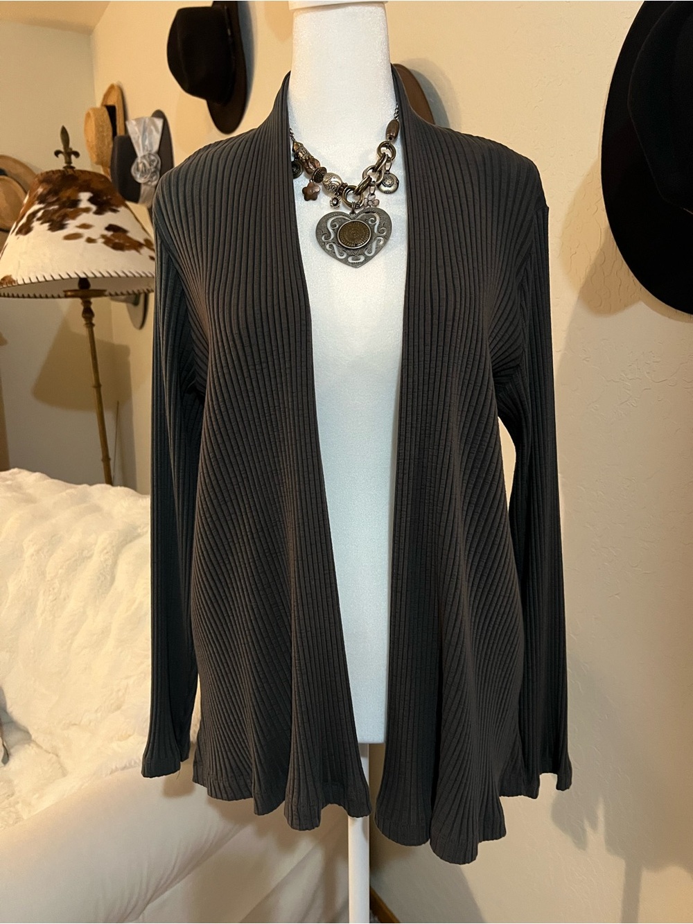 Eileen Fisher Charcoal Gray Ribbed Open-Front Cardigan Tencel PM
